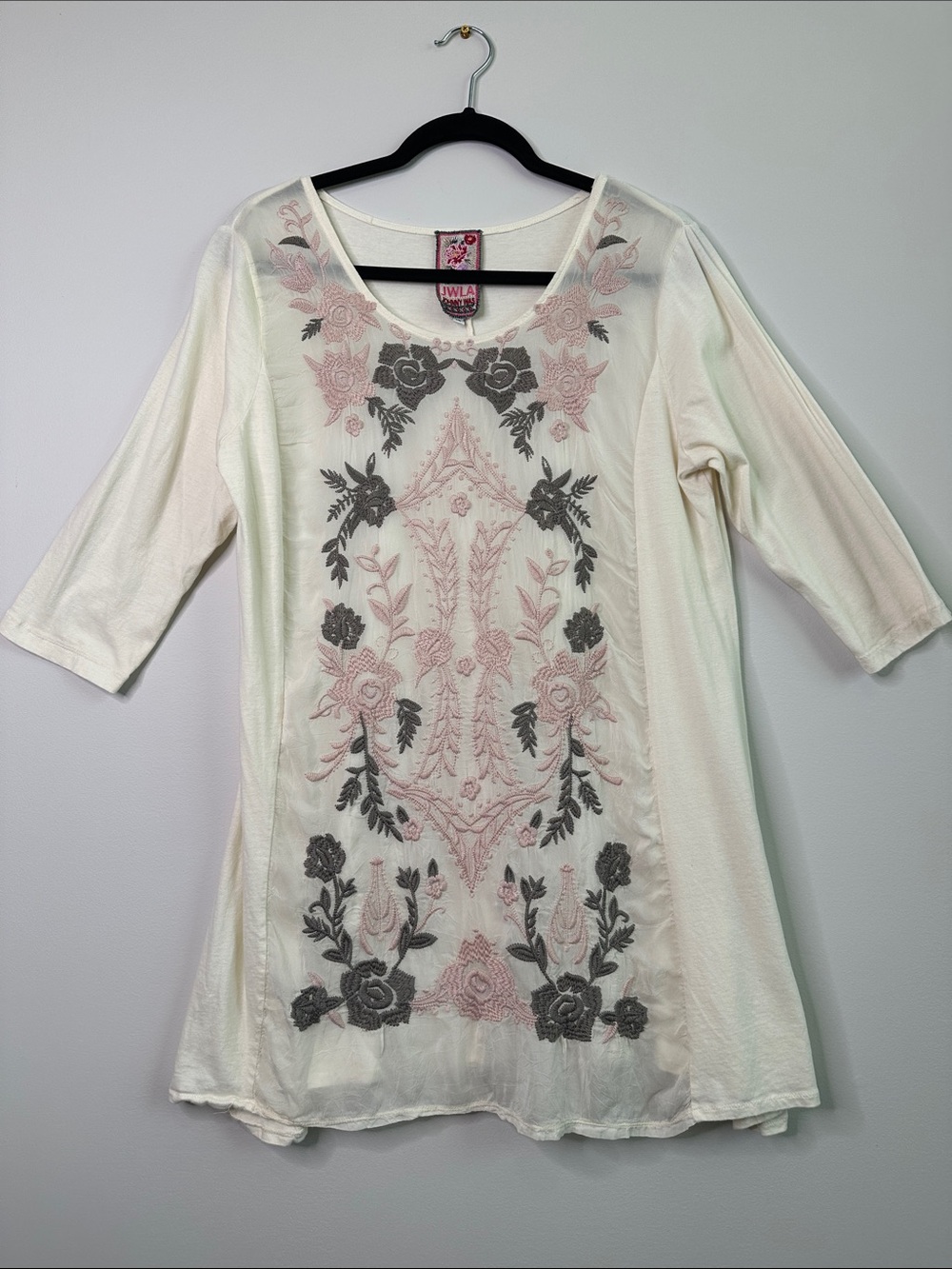 Johnny Was Semi-Sheer Cream Tunic with Pink and Gray Floral Embroidery Medium